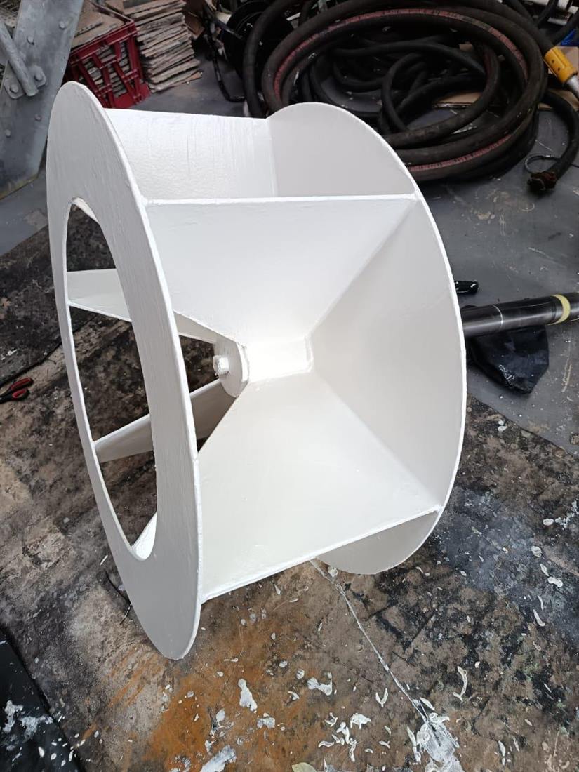 Fan housing finished with a white chemical-resistant coating in the Amanzi Bellville workshop